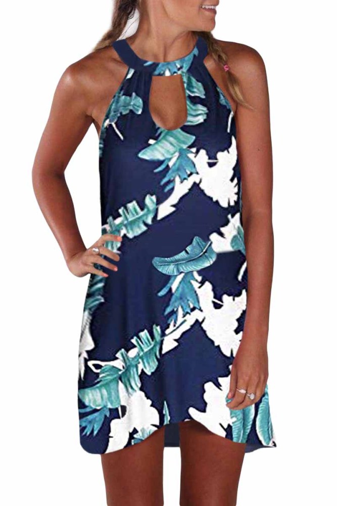 Blue Printed Hollow Out Halter Mini Dress
