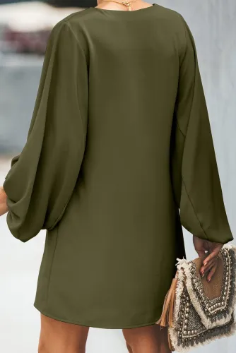 Green Buttoned-down V Neck Billowy Sleeve Shift Dress