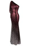 Red Gradient One Shoulder Sequin Party Evening Dress