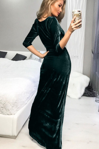 Green Deep V Neck Ruched Side Slit Party Velvet Dress