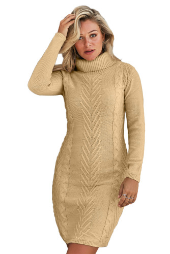Khaki Hand Knitted High Neck Sweater Dress