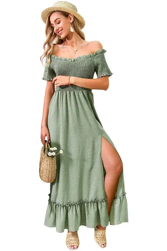 Green Polka Dot Off Shoulder Split Maxi Dress