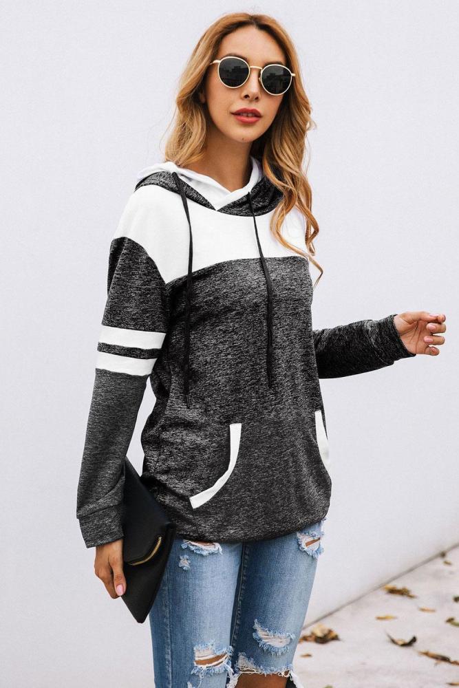 Black Color Block Pullover Hoodie with Pocket