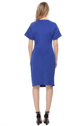 Blue V Neck Cutout Inverted Pleat Bodycon Dress