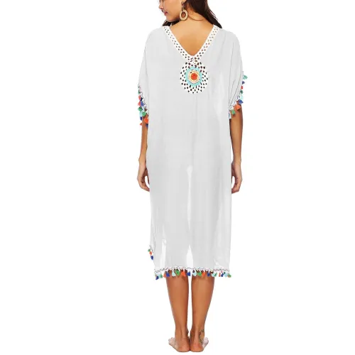 Accesoriu Loose pentru Plaja, cu Ciucuri Colorati, Maneca Carlig, Cusaturi Floare