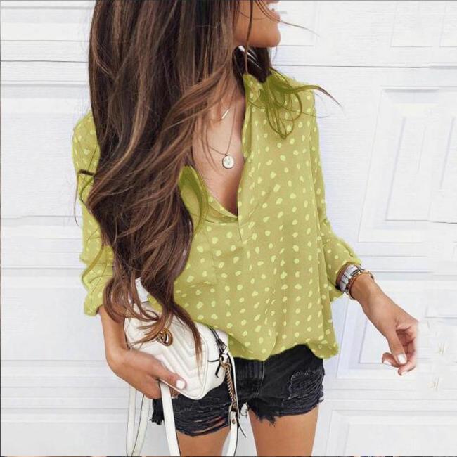 Bluză / cămașă model la modă pentru femei, stil casual, model cu buline, cămașă cu decolteu în V