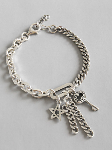 Hand made Sterling Silver retro personality key five pointed Chain Bracelet