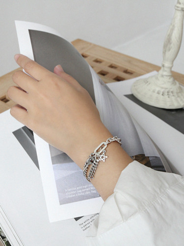 Hand made Sterling Silver retro personality key five pointed Chain Bracelet