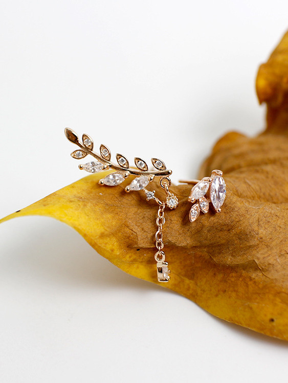 Fashion Asymmetrical Leaves Marquise Zircon Silver Stud Earrings