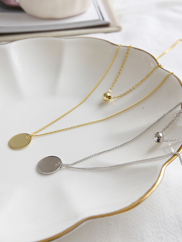Pure silver geometric round bead double clavicle Necklace