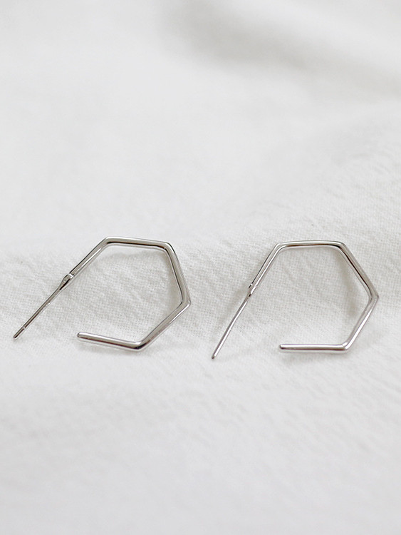 Simple Hexagonal shaped Silver Stud Earrings