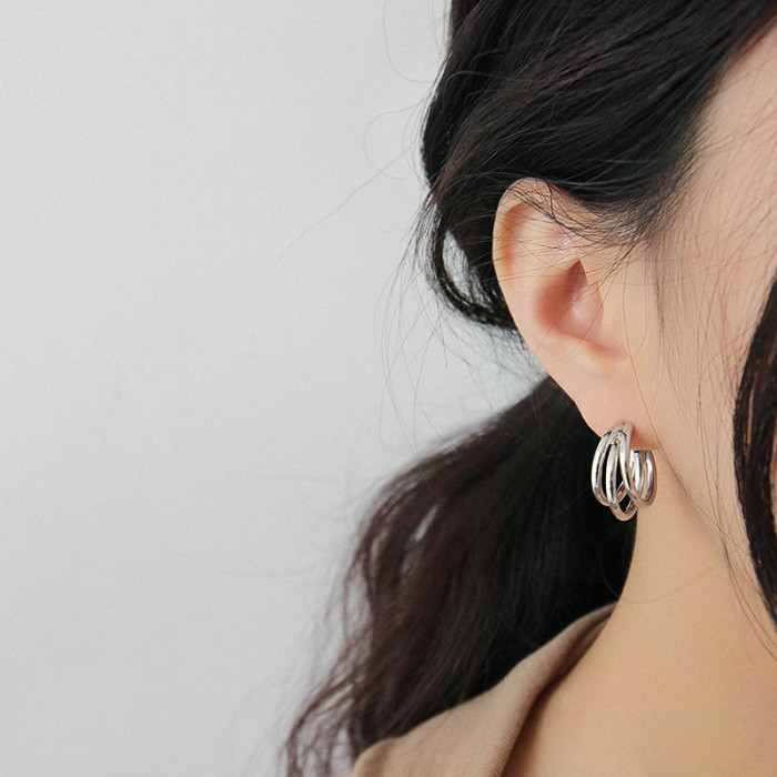 Yh384 Korean Style S925 Sterling Silver Stud Earrings Geometric Multilayer Ring Circle Female Earrings Stud Earrings Elegant Gold Plated Earrings
