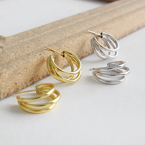 Yh384 Korean Style S925 Sterling Silver Stud Earrings Geometric Multilayer Ring Circle Female Earrings Stud Earrings Elegant Gold Plated Earrings