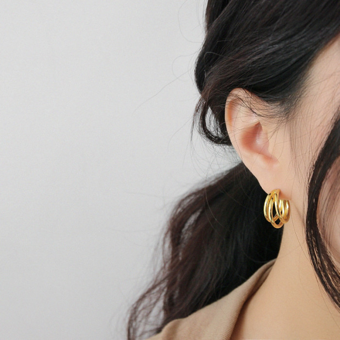 Yh384 Korean Style S925 Sterling Silver Stud Earrings Geometric Multilayer Ring Circle Female Earrings Stud Earrings Elegant Gold Plated Earrings
