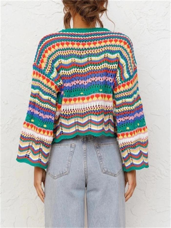 Stylish Stitching Knitted Loose Multicolor Round Neck Striped Sweater