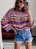Stylish Stitching Knitted Loose Multicolor Round Neck Striped Sweater