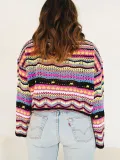 Stylish Stitching Knitted Loose Multicolor Round Neck Striped Sweater