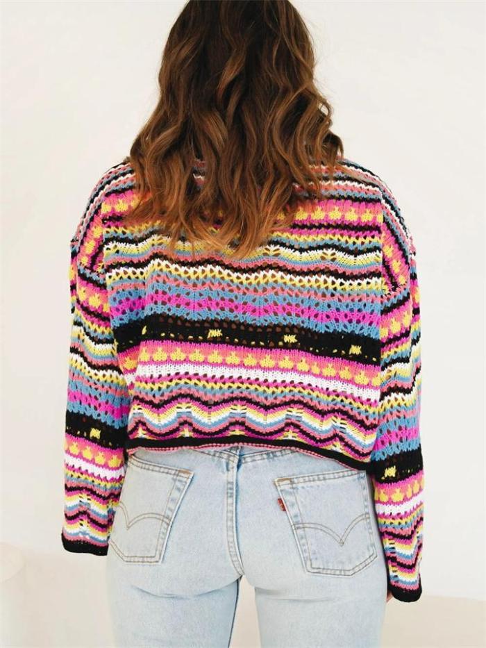 Stylish Stitching Knitted Loose Multicolor Round Neck Striped Sweater