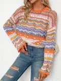 Stylish Stitching Knitted Loose Multicolor Round Neck Striped Sweater