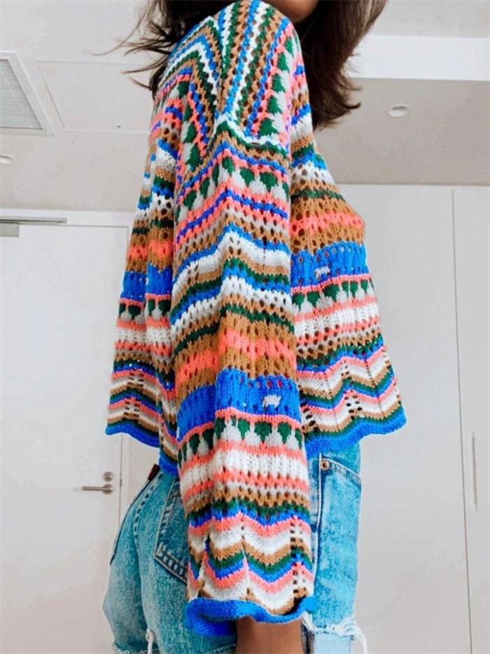 Stylish Stitching Knitted Loose Multicolor Round Neck Striped Sweater