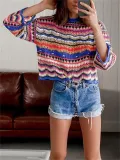 Stylish Stitching Knitted Loose Multicolor Round Neck Striped Sweater