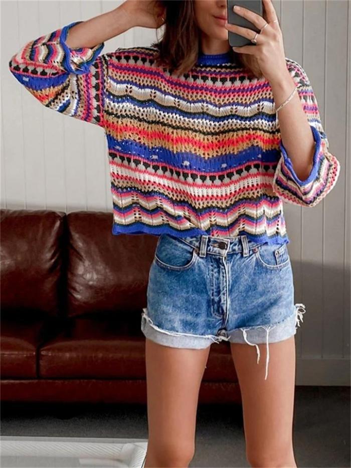 Stylish Stitching Knitted Loose Multicolor Round Neck Striped Sweater