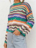 Stylish Stitching Knitted Loose Multicolor Round Neck Striped Sweater
