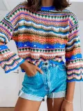 Stylish Stitching Knitted Loose Multicolor Round Neck Striped Sweater