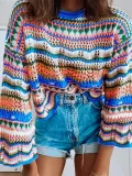 Stylish Stitching Knitted Loose Multicolor Round Neck Striped Sweater