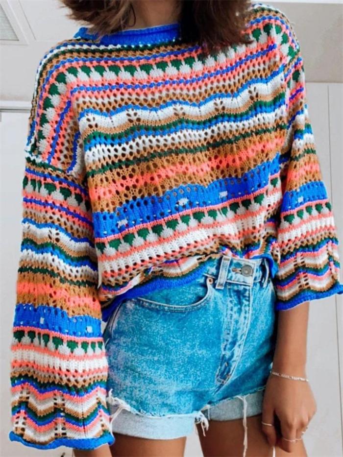 Stylish Stitching Knitted Loose Multicolor Round Neck Striped Sweater