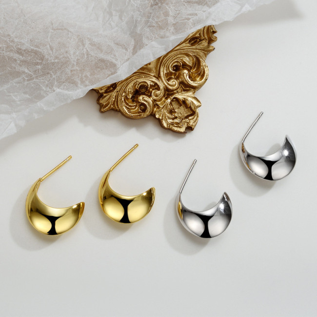 E1186 韩版S925纯银月亮耳钉女ins冷淡风个性百搭光面C型耳钉耳饰