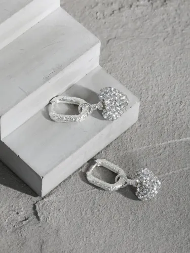 925 Sterling Silver Cubic Zirconia Heart Vintage Huggie Earring