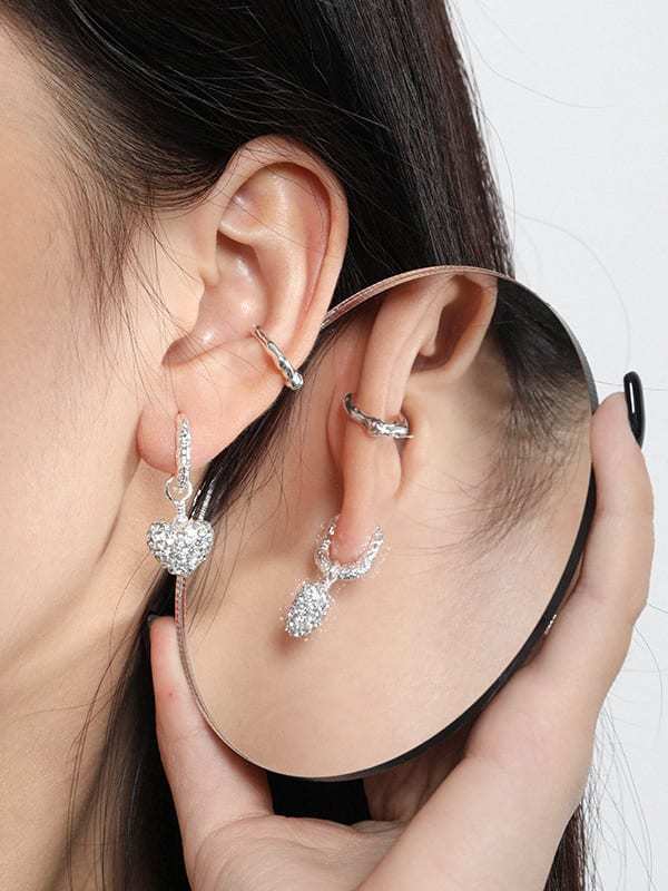925 Sterling Silver Cubic Zirconia Heart Vintage Huggie Earring