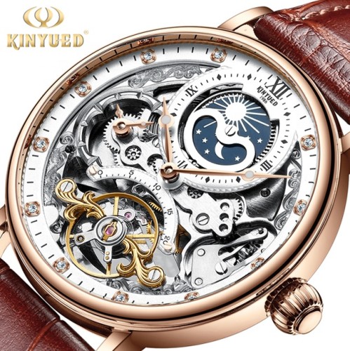 KINYUED stainless steel luxury leather waterproof quartz oem brand hands wristwatches custom logo wrist mens watch