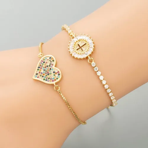 Joyería al por mayor oro laminado chapado en oro con microincrustaciones de circón pulsera redonda ajustable en forma de corazón