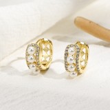 Moda nueva latón 14k oro real perla circón oro laminado oreja hebilla