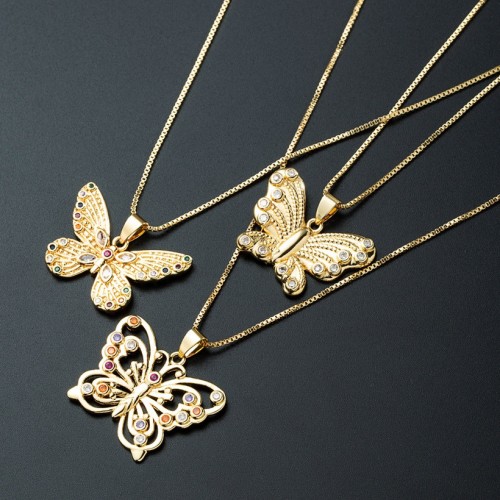 Joyas al por mayor, colgante de mariposa de circón simple, collar de oro de 18 quilates chapado en oro laminado