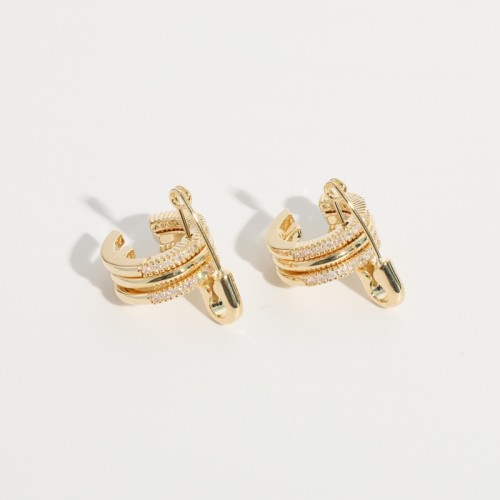 Aretes de oro laminado con clip de papel de circón con incrustaciones geométricas en forma de C simples al por mayor