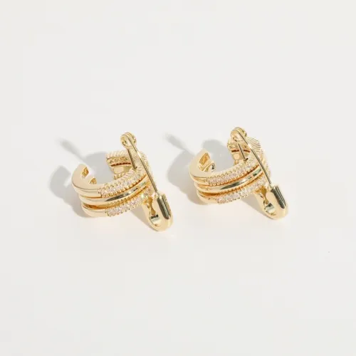 Aretes de oro laminado con clip de papel de circón con incrustaciones geométricas en forma de C simples al por mayor