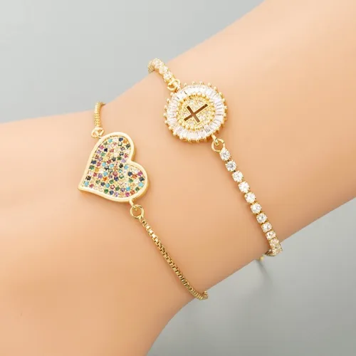 Joyería al por mayor oro laminado chapado en oro con microincrustaciones de circón pulsera redonda ajustable en forma de corazón