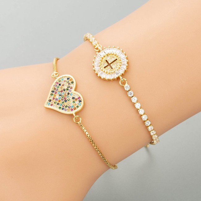 Joyería al por mayor oro laminado chapado en oro con microincrustaciones de circón pulsera redonda ajustable en forma de corazón
