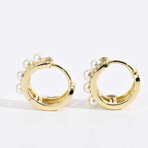 Moda nueva latón 14k oro real perla circón oro laminado oreja hebilla
