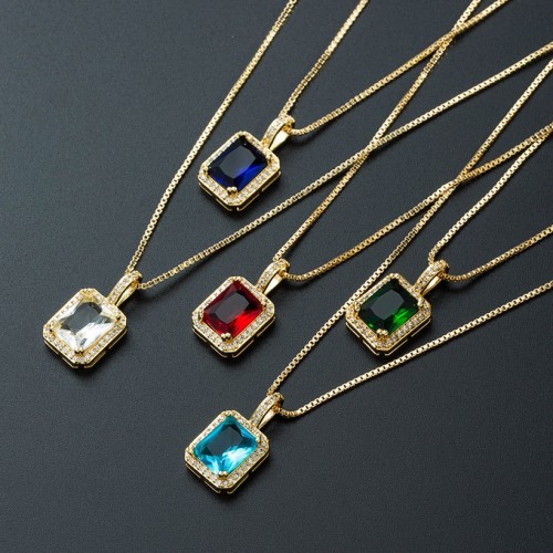 Joyería al por mayor, collar con colgante de circón de oro laminado con piedras preciosas multicolores cuadradas creativas