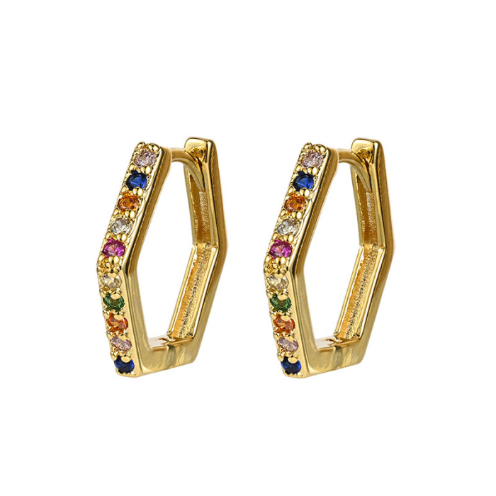 Nuevos aretes de oro laminado con pentágono en forma de diamante chapados en oro real de 14k de latón