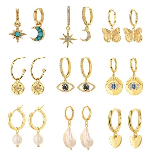 Pendientes de oro laminado con perla y circón de oro real de 14 quilates chapados en ojo de diablo con corazón a la moda