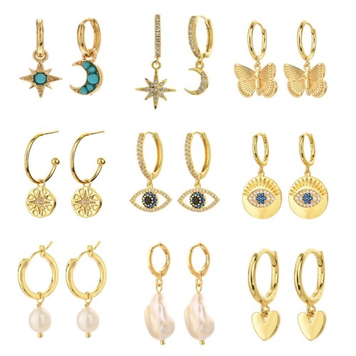 Pendientes de oro laminado con perla y circón de oro real de 14 quilates chapados en ojo de diablo con corazón a la moda