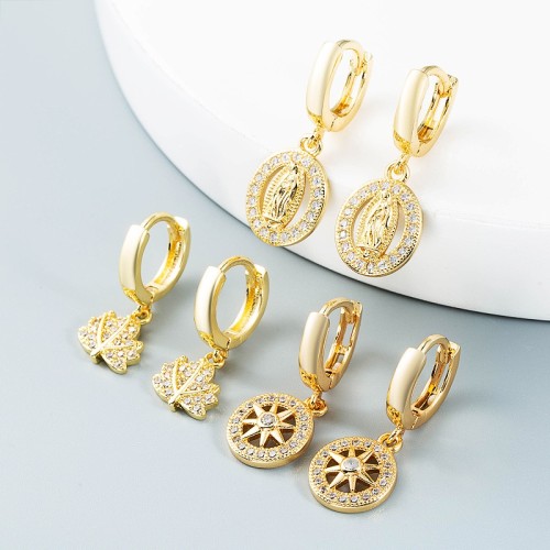 joyería al por mayor simple hueco sol hojas Virgen María pendientes de oro laminado