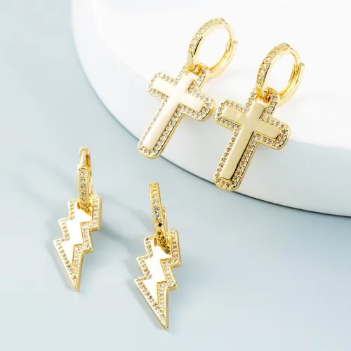 Joyería al por mayor, aretes de circón con incrustaciones chapadas en oro de oro laminado cruzado relámpago coreano