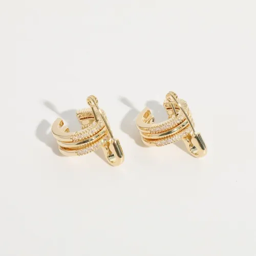 Aretes de oro laminado con clip de papel de circón con incrustaciones geométricas en forma de C simples al por mayor