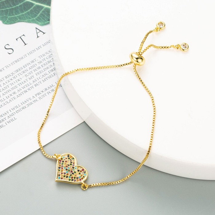 Joyería al por mayor oro laminado chapado en oro con microincrustaciones de circón pulsera redonda ajustable en forma de corazón